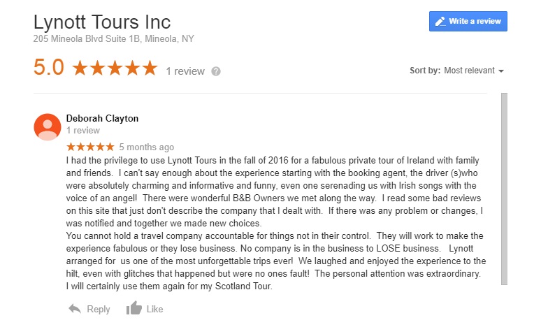 Lynott Tours Google Review