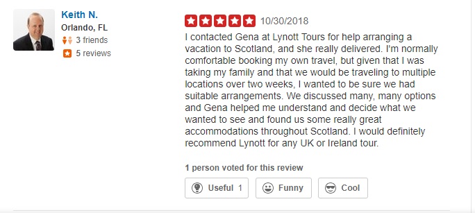 Yelp review Lynott Tours